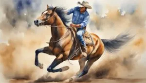 Cowboy riding horse dynamically in watercolor painting.