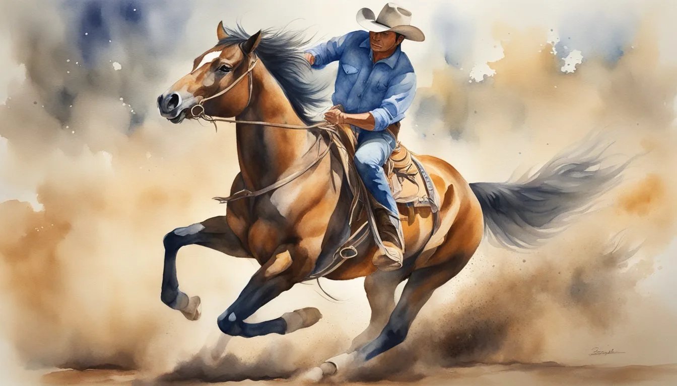 Cowboy riding horse dynamically in watercolor painting.