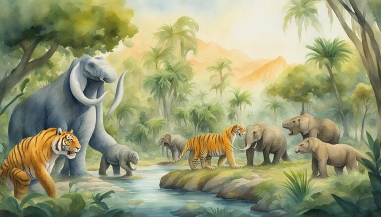 Tropical jungle with prehistoric and modern animals by river.