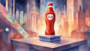 Futuristic cityscape with a highlighted ketchup bottle.