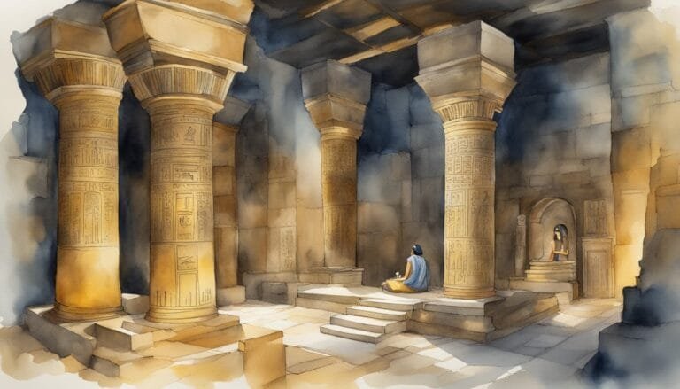 Watercolor painting of ancient Egyptian temple interior with figures.