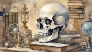 Vintage scientific instruments and books with human skull.