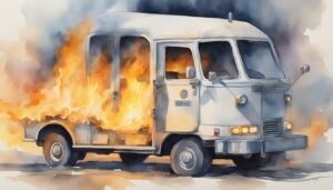 Watercolor painting of a burning vintage van.