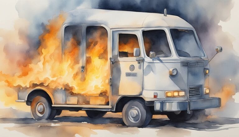 Watercolor painting of a burning vintage van.