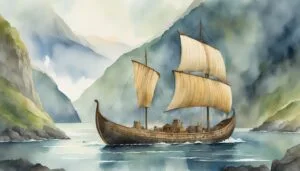 Sailing ship navigating misty mountainous sea passage.
