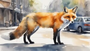 Watercolor painting of a fox in an urban setting.