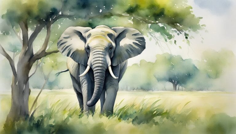 Watercolor painting of an elephant in a lush forest.