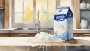 Watercolor painting of overflowing milk carton in kitchen.