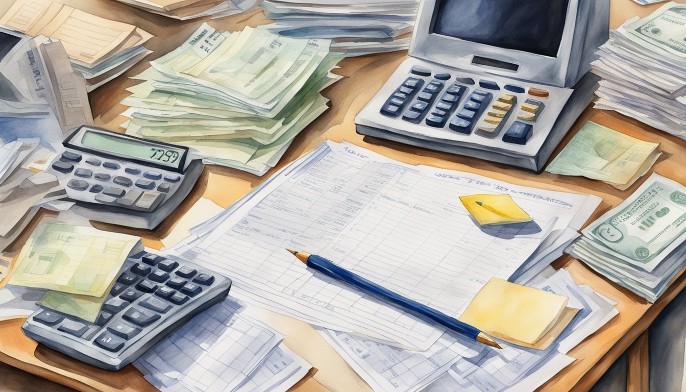 Watercolor of busy accounting workspace with calculators and charts.