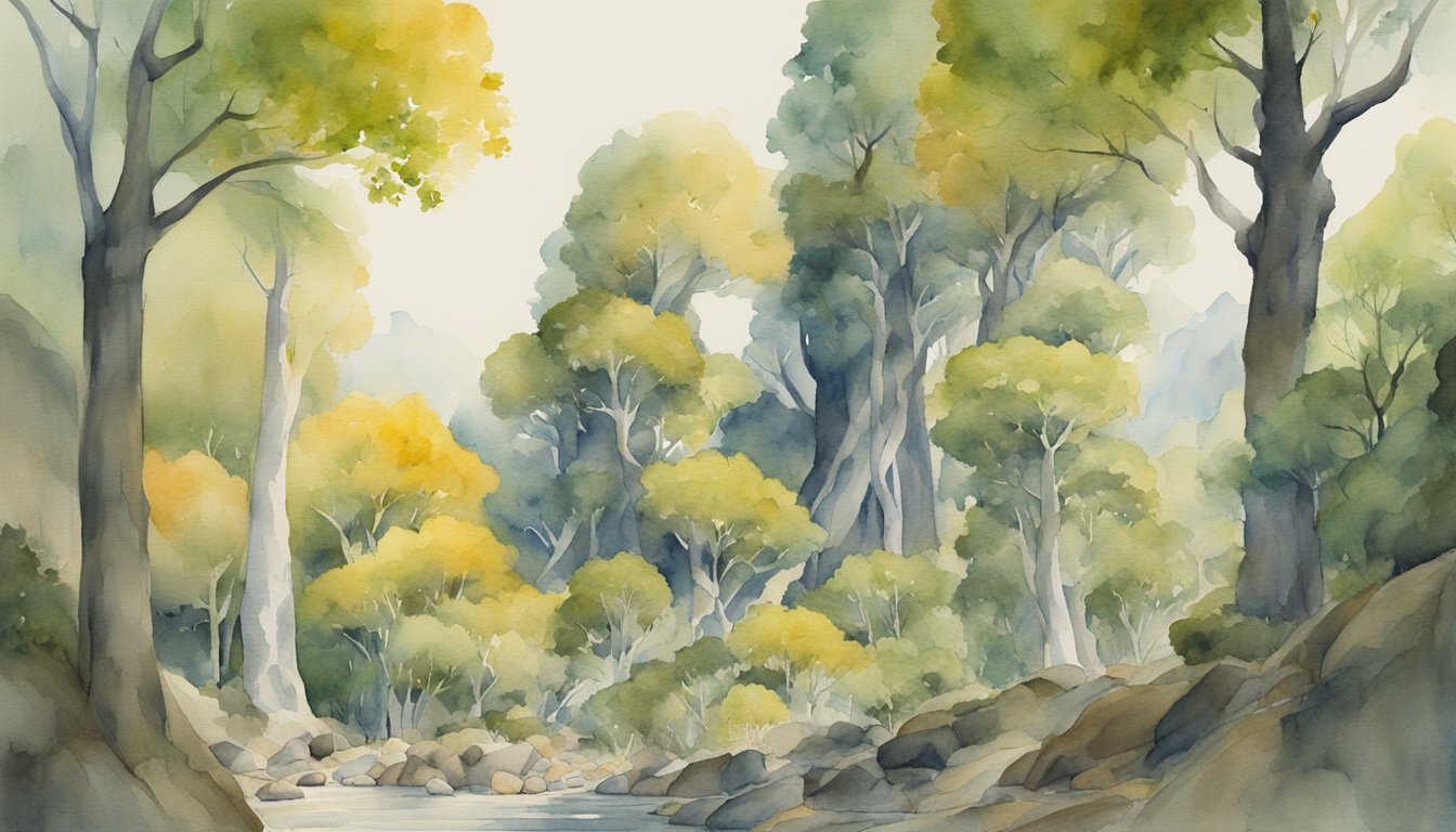 Watercolor painting of serene forest and river landscape.