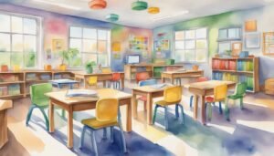 Colorful elementary classroom with desks and bookshelves, sunny day.