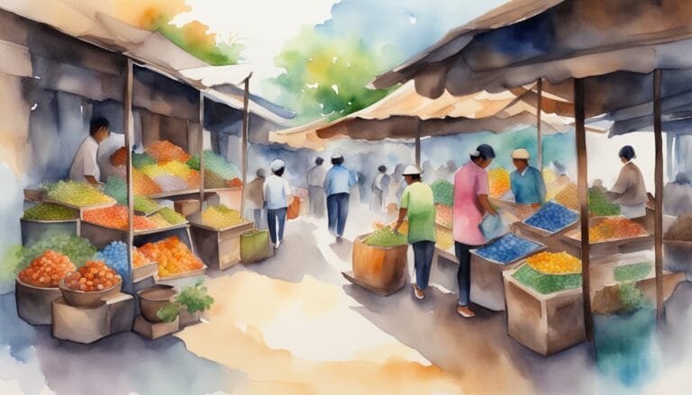 Colorful outdoor market scene with vendors and shoppers.