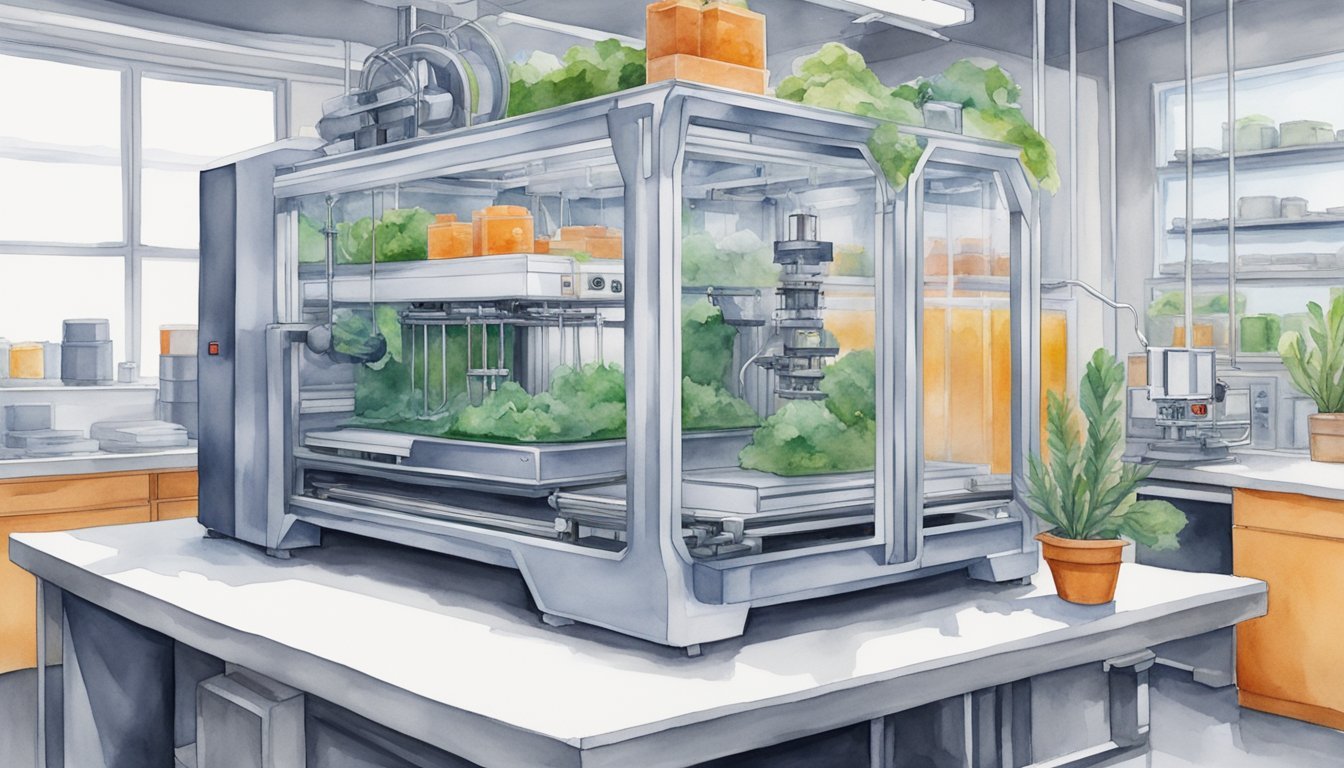 Watercolor illustration of a modern indoor hydroponic farm.