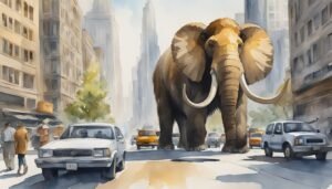 Elephant walking in urban city street, watercolor illustration.