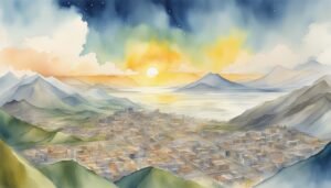 Watercolor of a city at sunset surrounded by mountains.