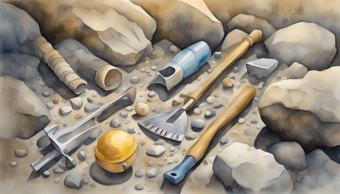 Watercolor of archaeological tools and rocks.