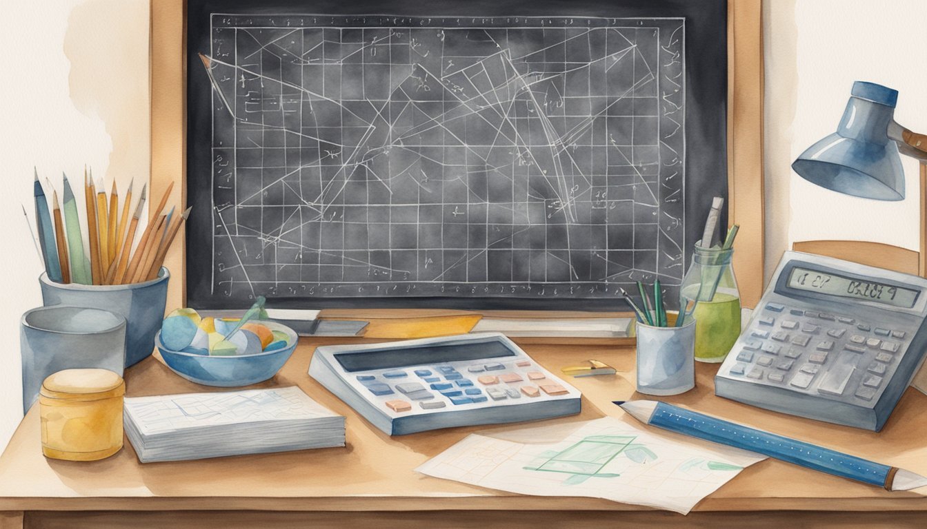 Artistic depiction of a mathematical workspace with tools