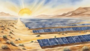 Solar panels in desert under sun, renewable energy landscape.