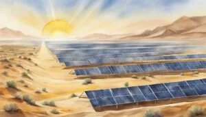 Solar panels in desert under sun, renewable energy landscape.