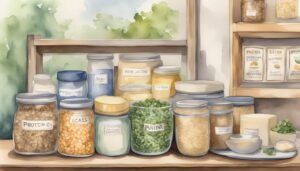 Watercolor painting of labeled jars on wooden shelves.