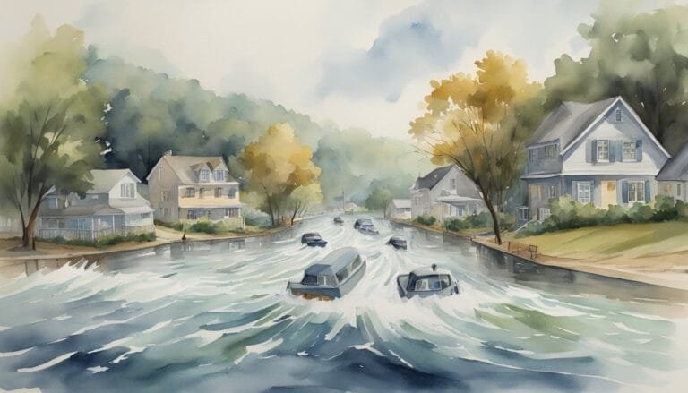 Suburban street transformed into river with floating cars.