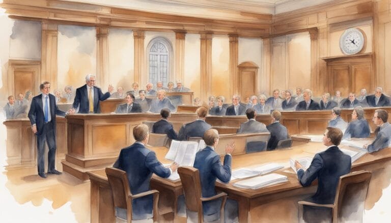 Watercolor of courtroom scene with lawyers and jurors.