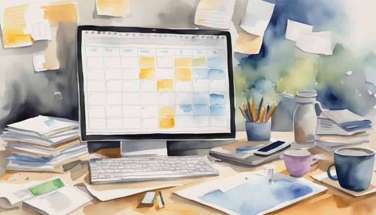 Watercolor painting of a cluttered desk with calendar.