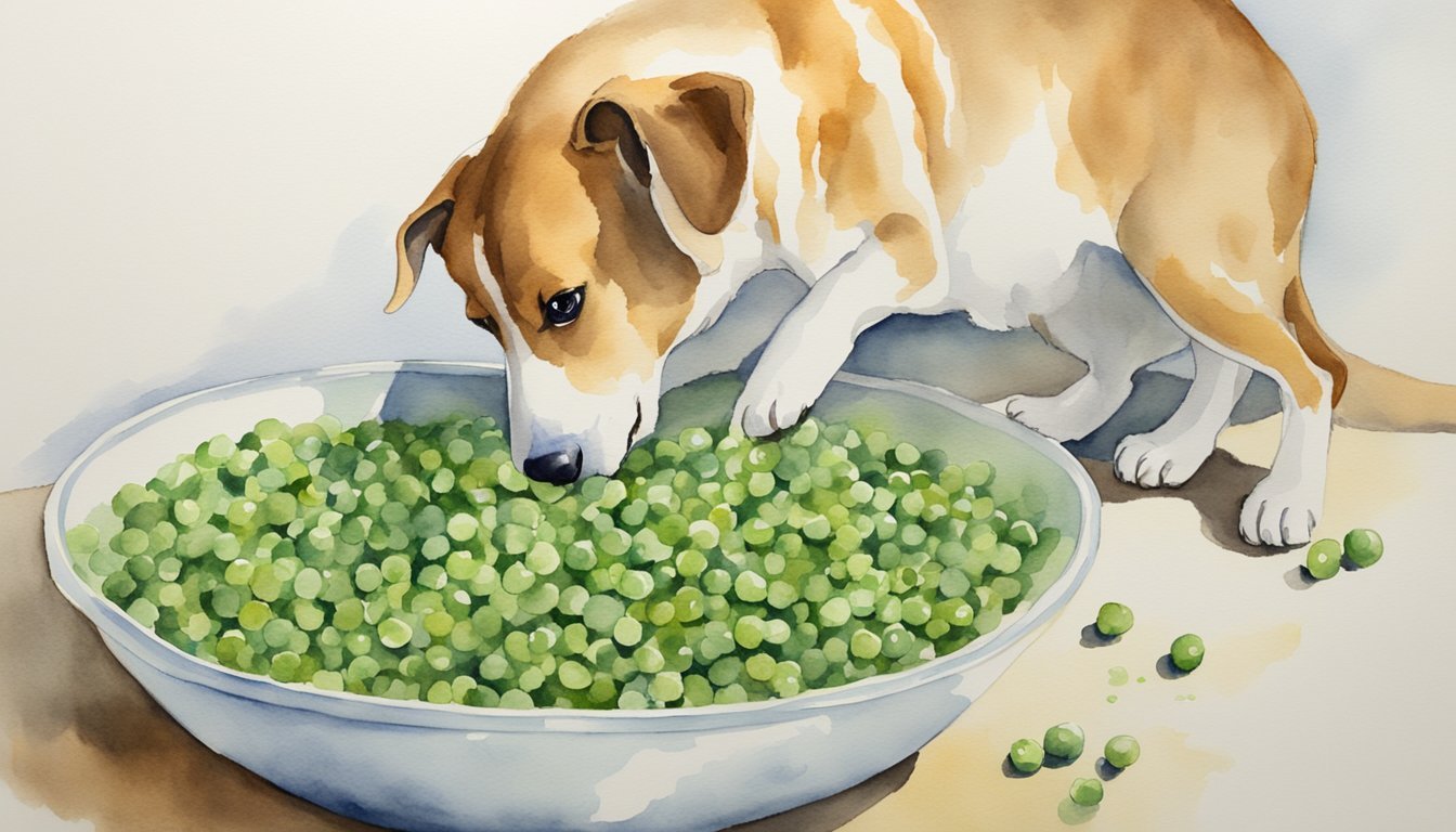 Dog inspecting bowl of green peas, watercolor illustration.