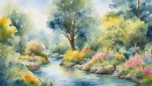 Serene watercolor landscape with colorful flowers and flowing river.