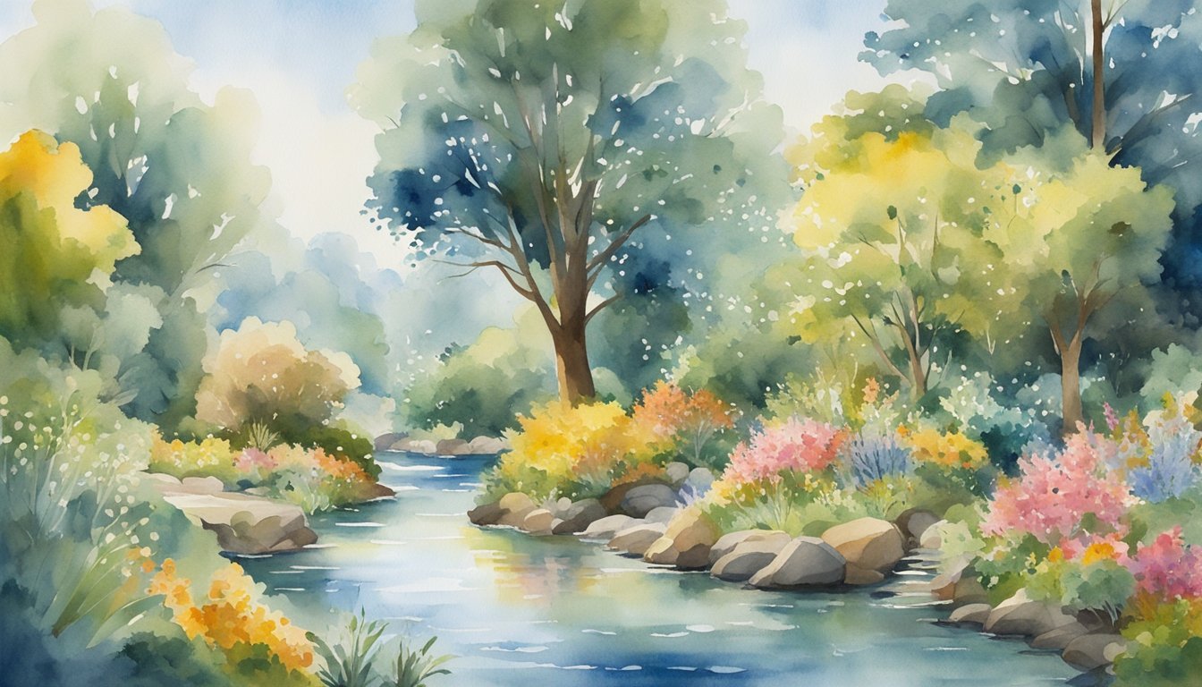 Serene watercolor landscape with colorful flowers and flowing river.