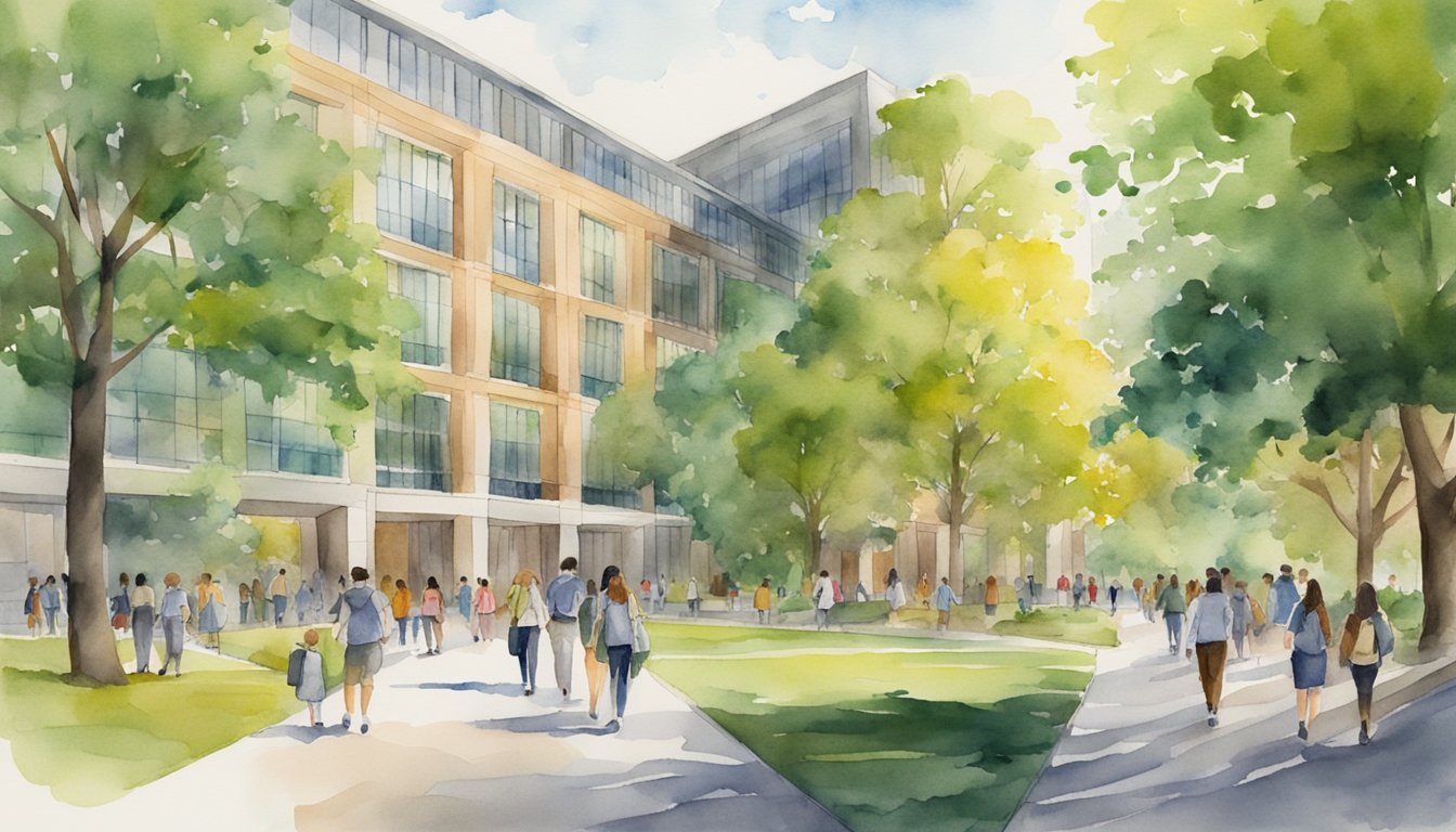 Watercolor painting of bustling university campus with walking students.