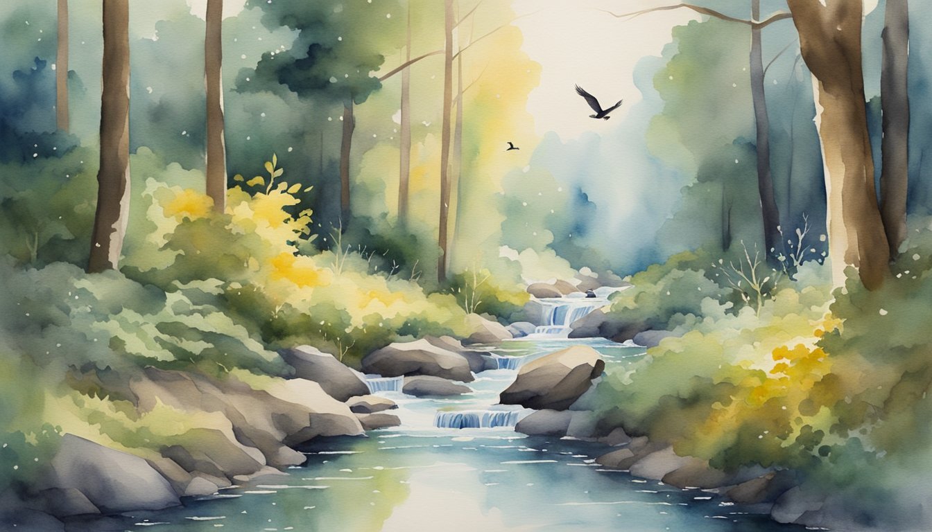 Watercolor of forest stream with birds and sunlit foliage.