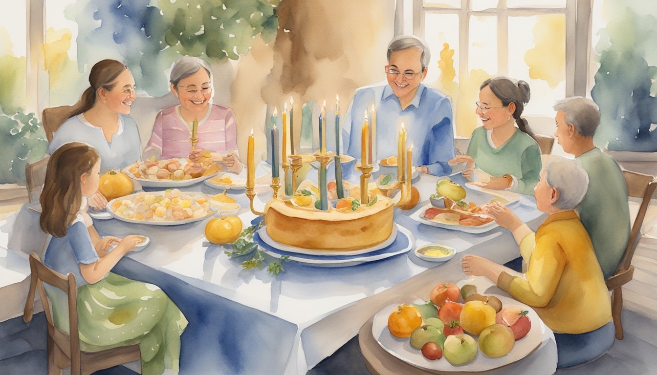 Family enjoying festive dinner with candles and fruit.