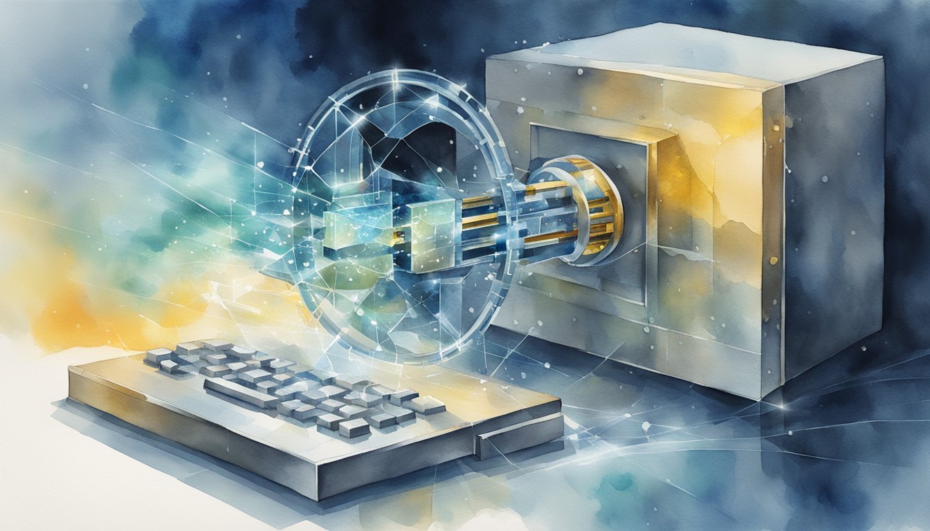 Watercolor of futuristic vault and keyboard with light effects.