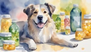 Watercolor painting of a joyful dog among vitamin bottles.