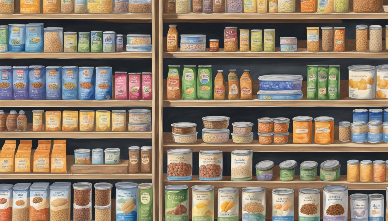 Assortment of packaged food items on grocery shelves.