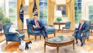 Presidents conversing in Oval Office with cats.