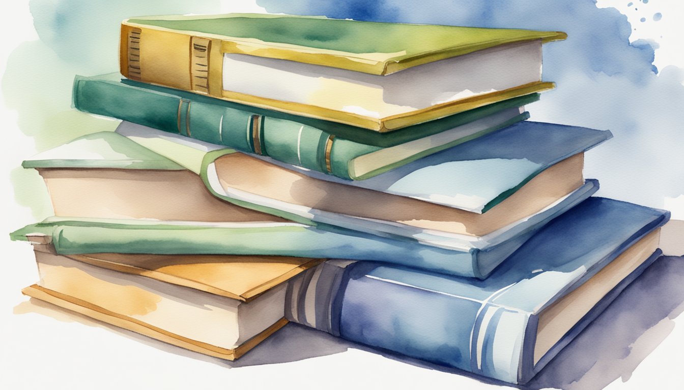 Watercolor painting of stacked colorful books.