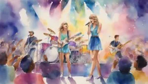 Watercolor painting of live band performing at concert.