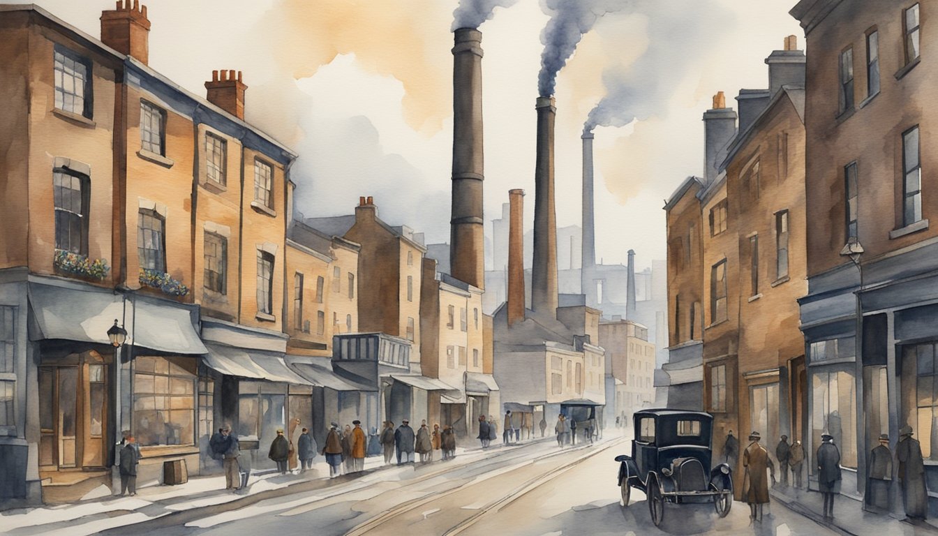 Historical street scene with industrial smokestacks and vintage car.