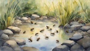 Watercolor painting of bees hovering over stream.