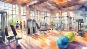 People exercising in bright, spacious gym with equipment.