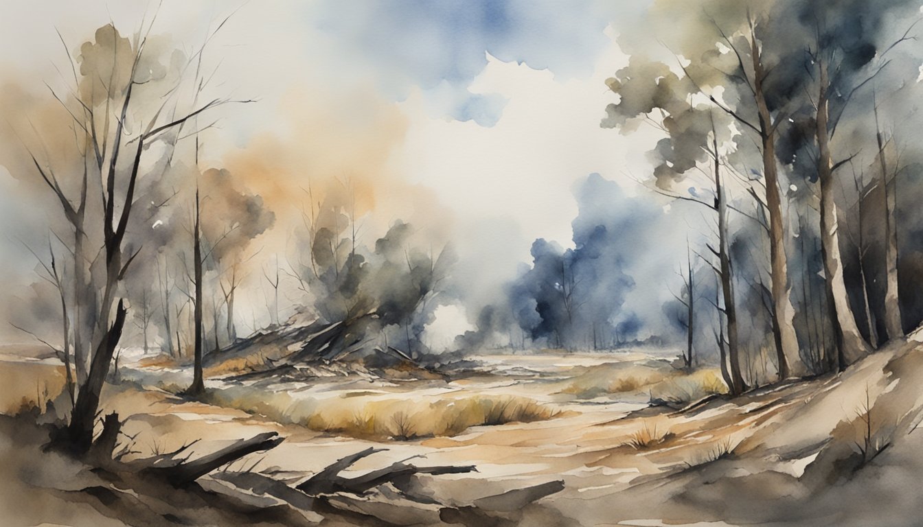 Watercolor painting of a forest fire aftermath scene.