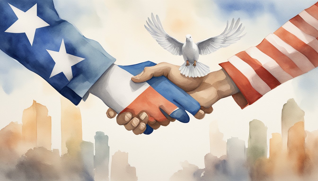 Handshake between flags, dove flying, city skyline background.