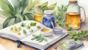 Watercolor painting of herbal remedies and open botanical book.