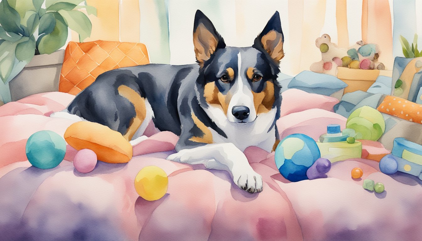 Tricolor dog lounging among colorful toys in watercolor.