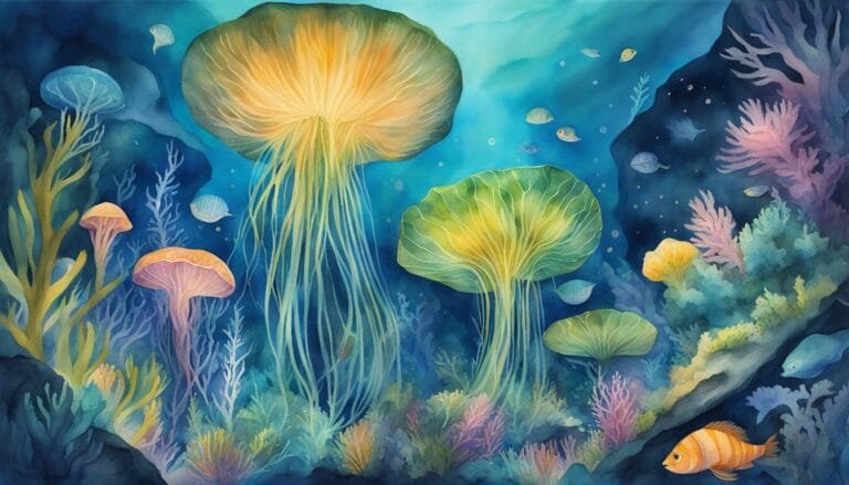 Colorful underwater scene with jellyfish and coral illustration.