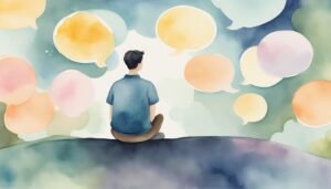 Man sitting amid colorful thought bubbles, watercolor art.