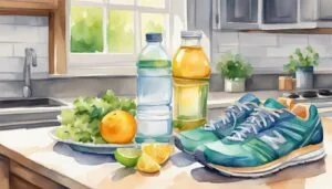 Healthy lifestyle watercolor of kitchen with food and sneakers.
