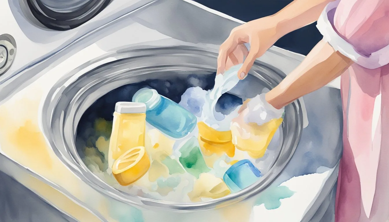 Person adding laundry detergent to washing machine.